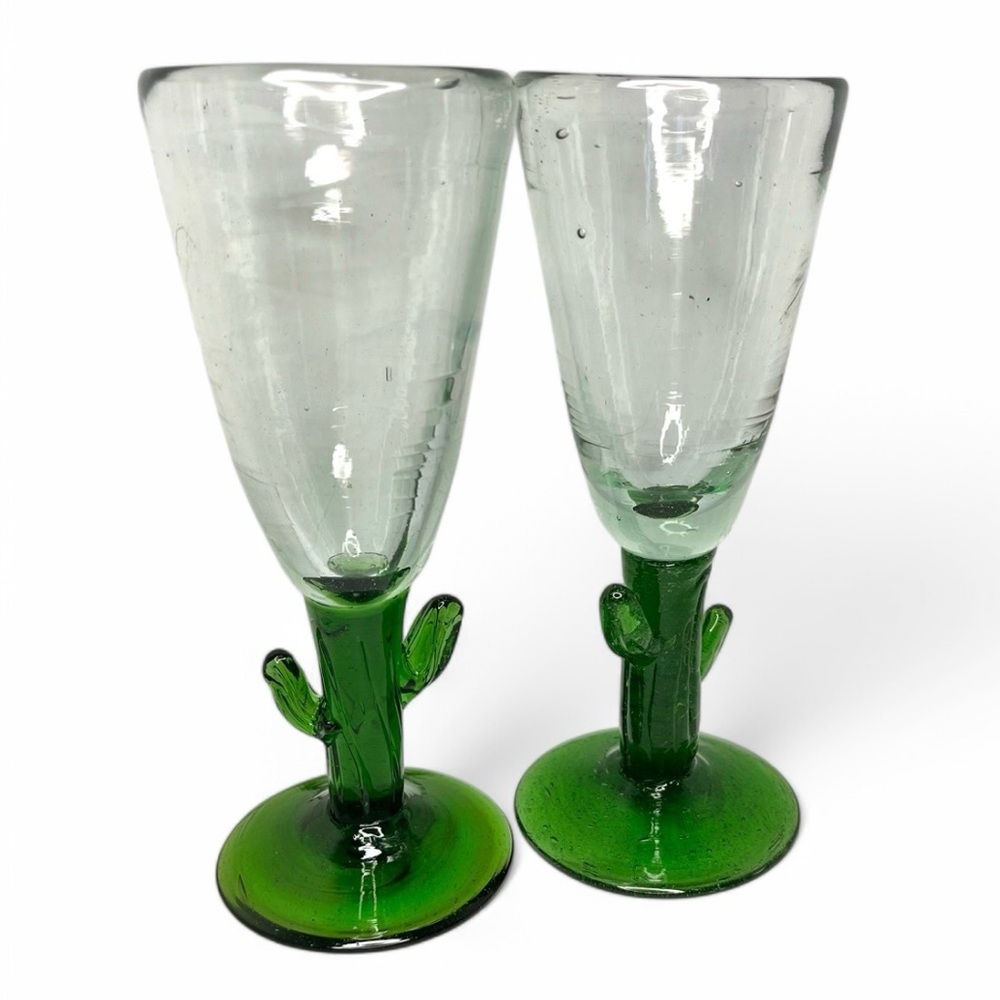 Set of 2 Cactus Handblown Glasses Cocktail Drinkware Flutes Southwest Boho